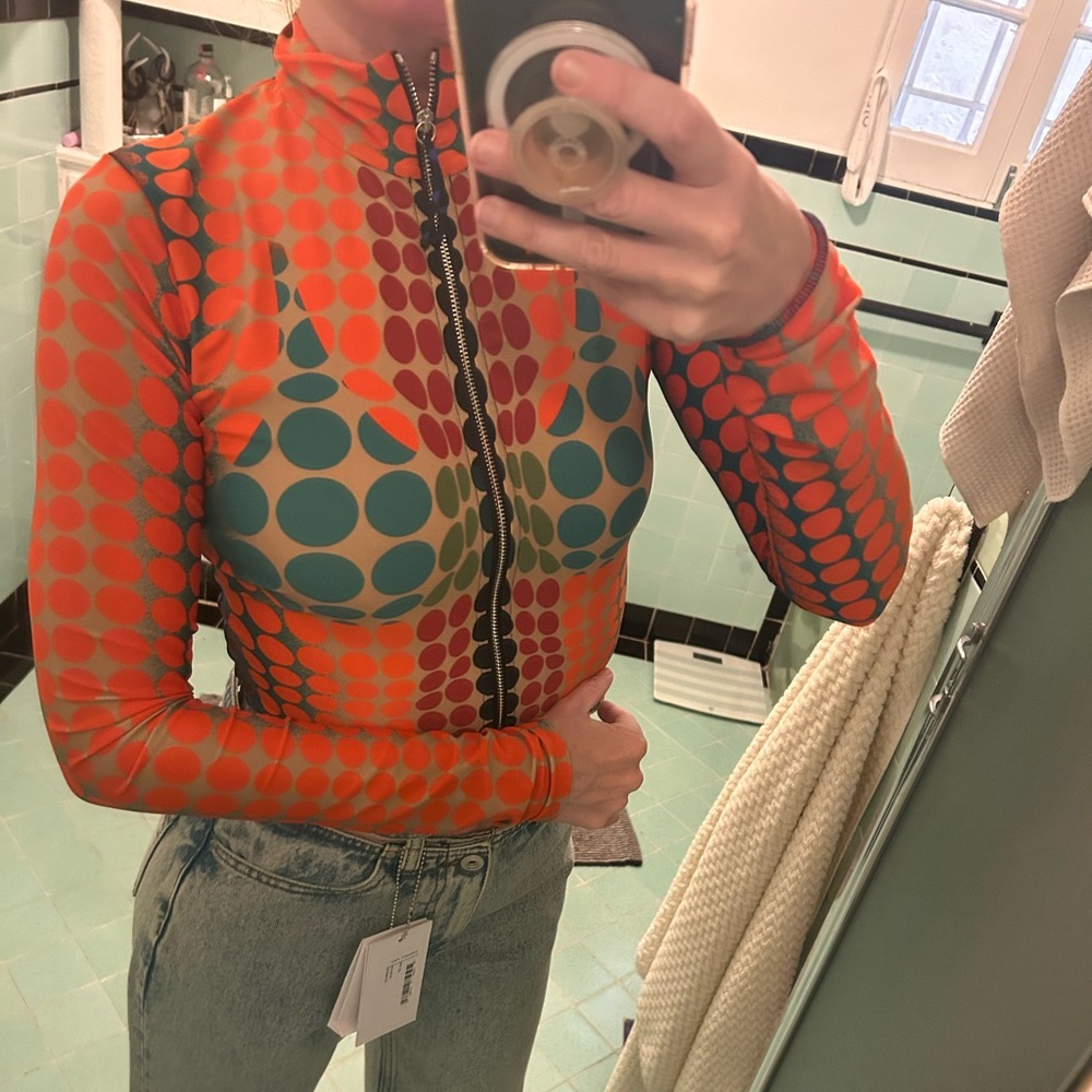 Jean Paul Gaultier Orange Teal Red Dot Print Long Sleeve Top